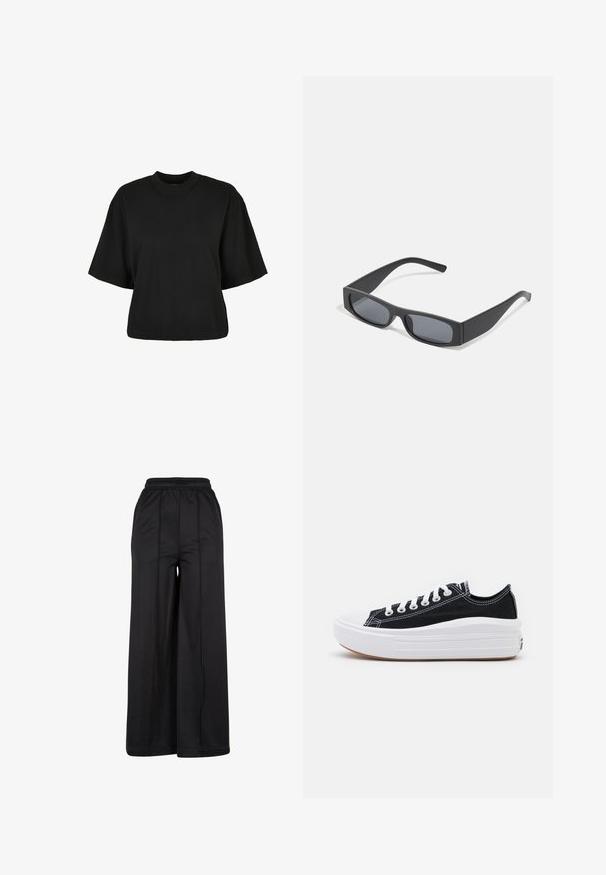 Czarny krótki t-shirt wykonany z bawełny. Posiada krótkie rękawy i okrągły dekolt. Gładka tekstura z prostym wzornictwem, bez dodatkowych wzorów.; Czarne szerokie spodnie z elastyczną talią, gładkiego materiału, z widocznymi detalami szwów. Charakteryzują się luźną, swobodną sylwetką.; Czarne płócienne tenisówki z białymi sznurowadłami, białą gumową czapeczką na palcach i masywną białą podeszwą. Mają subtelne białe przeszycia i gumową podeszwę.; Czarne prostokątne okulary przeciwsłoneczne z ciemnymi soczewkami i grubymi matowymi oprawkami. Ramiona są lekko zwężone i mają gładką teksturę.