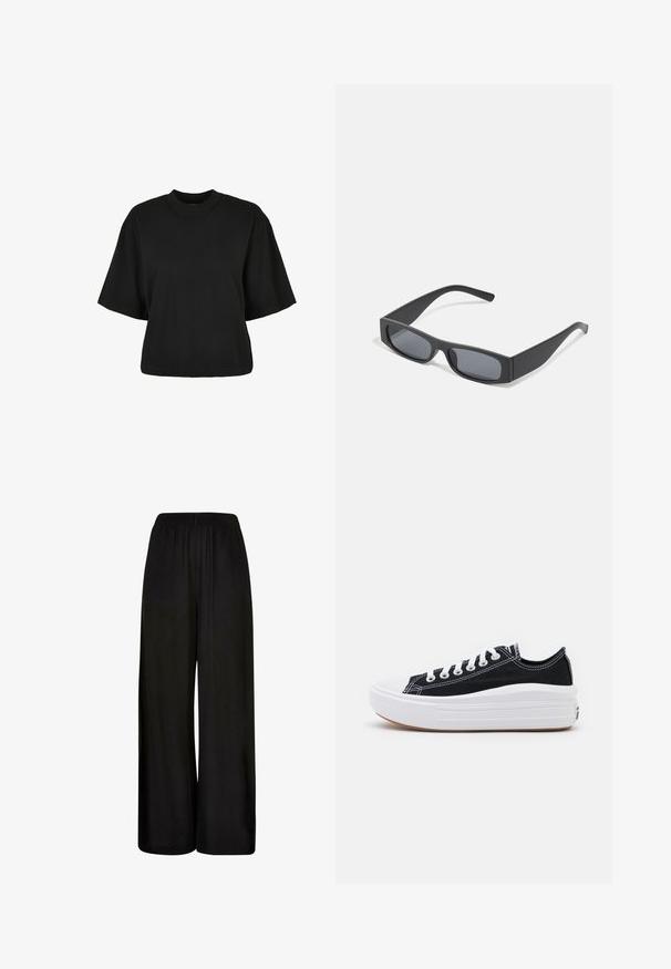 Schwarzes, kurz geschnittenes T-Shirt aus Baumwolle. Hat kurze Ärmel und einen runden Halsausschnitt. Glatte Textur mit einem schlichten Design, ohne zusätzliche Muster.; Schwarze, weit geschnittene Hose aus einem glatten Stoff. Verfügt über einen elastischen Bund und eine lockere, fließende Passform für Komfort und Bewegungsfreiheit.; Schwarze Canvas-Sneaker mit weißen Schnürsenkeln, weißer Gummikappe und einer massiven weißen Zwischensohle. Besondere Merkmale sind dezente weiße Nähte und eine Gummisohle.; Schwarze rechteckige Sonnenbrillen mit dunklen Gläsern und dicken matten Rahmen. Die Bügel sind leicht verjüngt und haben eine glatte Oberfläche.