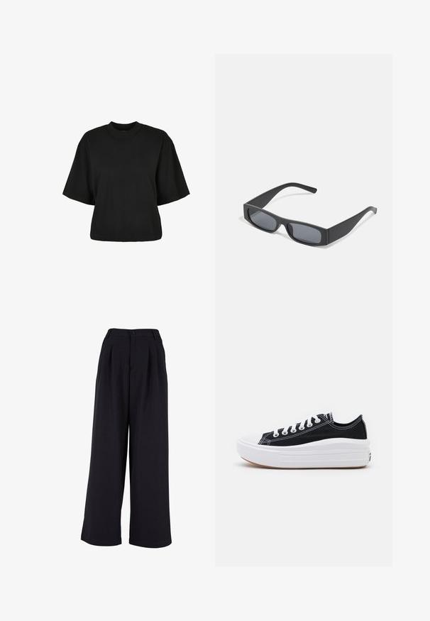 Černé zkrácené tričko vyrobené z bavlny. Má krátké rukávy a kulatý výstřih. Hladký povrch s jednoduchým designem, bez dalších vzorů.; Široké kalhoty z černé látky, s předními sklady, zapínáním na knoflík a hladkým povrchem. Na míru šitý design s vysokým pasem.; Černé plátěné tenisky s bílými tkaničkami, bílým gumovým špičkovým krytem a masivní bílou střední podrážkou. Mají jemné bílé švy a gumovou podešev.; Černé obdélníkové sluneční brýle s tmavými skly a tlustými matnými rámy. Stranice jsou mírně zúžené s hladkým povrchem.
