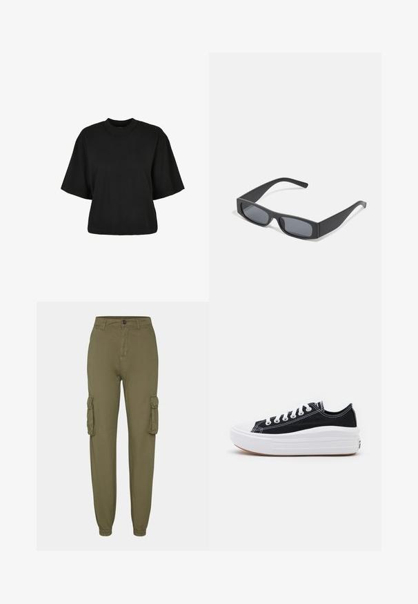 Crna skraćena majica od pamuka. Ima kratke rukave i okrugli izrez. Glatka tekstura s jednostavnim dizajnom, bez dodatnih uzoraka.; Maslinasto zelene cargo hlače od mekog materijala, sa dva bočna džepa, elastičnim manžetama i zatvaranjem na gumbe sprijeda.; Crne platnene tenisice s bijelim vezicama, bijelim gumastim vrhom i debelim bijelim međusolom. Imaju suptilnu bijelu šav, a đon je od gume.; Crne pravokutne sunčane naočale s tamnim lećama i debelim mat okvirima. Naočale su lagano sužene s glatkom teksturom.