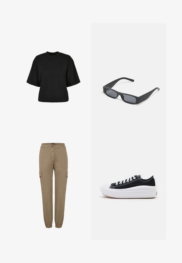 Crna skraćena majica od pamuka. Ima kratke rukave i okrugli izrez. Glatka tekstura s jednostavnim dizajnom, bez dodatnih uzoraka.; Bež cargo hlače sa ravnim nogavicama i elastičnim manžetama, koje imaju bočne džepove i struk sa dugmetom. Napravljene od mekog, teksturiranog materijala.; Crne platnene tenisice s bijelim vezicama, bijelim gumastim vrhom i debelim bijelim međusolom. Imaju suptilnu bijelu šav, a đon je od gume.; Crne pravokutne sunčane naočale s tamnim lećama i debelim mat okvirima. Naočale su lagano sužene s glatkom teksturom.