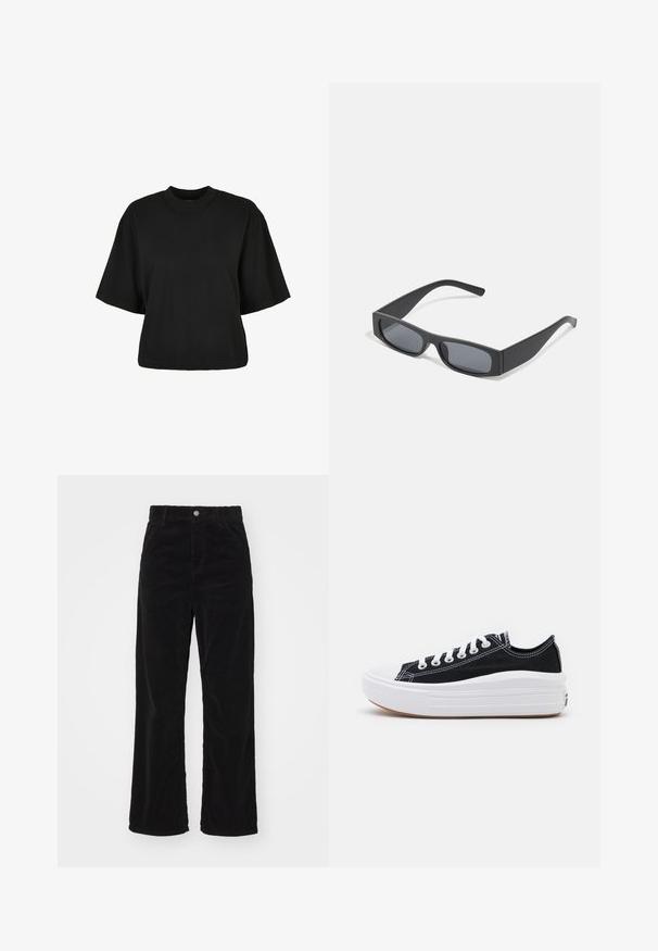 Fekete, rövid ujjú, pamut crop póló. Kerek nyakkivágással rendelkezik. Simára készült textúrája van, egyszerű dizájn, nincs rajta további minta.; Fekete kordbársony széles lábú nadrág magas derékkal, elöl gombos és cipzáras záródással, valamint függőleges bordázott textúrával az egész felületen.; Fekete vászon sportcipők fehér fűzővel, fehér gumi orral és vastag fehér középtalppal. Finom fehér varrással és gumi talppal rendelkezik.; Fekete téglalap alakú napszemüveg sötét lencsékkel és vastag, matt kerettel. A szárak enyhén elkeskenyednek, sima felületűek.
