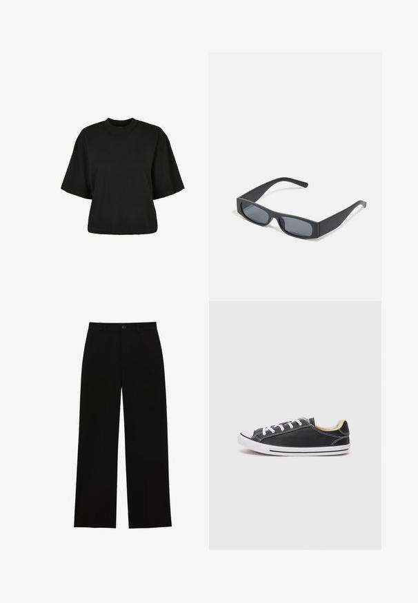 Tricou scurt, negru, din bumbac. Are mâneci scurte și un decolteu rotund. Textură netedă cu un design simplu, fără modele adiționale.; Pantaloni negri, cu talie înaltă, cu picioare largi, realizați dintr-un material neted, cu un front plat, închidere cu nasture și fără buzunare vizibile.; Converse CHUCK TAYLOR ALL STAR DAINTY LUCKY - Sneakers low - black/white; Ochelari de soare negri, cu lentile întunecate și rame groase mate. Brațele sunt ușor conice, cu o textură netedă.