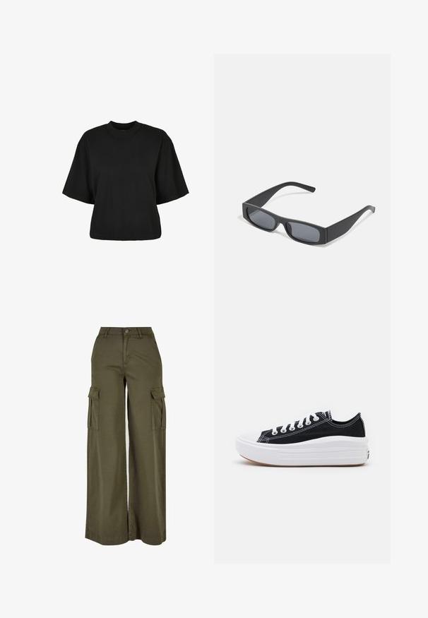 Tricou scurt, negru, din bumbac. Are mâneci scurte și un decolteu rotund. Textură netedă cu un design simplu, fără modele adiționale.; Pantaloni cargo de culoare verde măsliniu, cu picioare late, dotati cu două buzunare laterale, fabricați dintr-un material moale și durabil. Prezintă cusături detaliate și un închidere cu nasture.; Adidași negri din pânză cu șireturi albe, vârf alb din cauciuc și o talpă medie groasă albă. Prezintă cusături subtile albe și o talpă din cauciuc.; Ochelari de soare negri, cu lentile întunecate și rame groase mate. Brațele sunt ușor conice, cu o textură netedă.