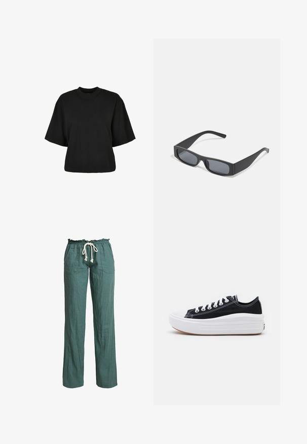 Maglietta nera cropped realizzata in cotone. Presenta maniche corte e un collo rotondo. Tessuto liscio con un design semplice, senza ulteriori motivi.; Pantaloni in lino verde leggeri, dal taglio rilassato, con cintura elastica e cordoncino, dotati di due tasche laterali.; Sneaker nere in tela con lacci bianchi, punta in gomma bianca e una suola intermedia bianca e spessa. Presentano cuciture bianche sottili e una suola in gomma.; Occhiali da sole neri rettangolari con lenti scure e montatura spessa opaca. Le asticelle sono leggermente affusolate con una texture liscia.