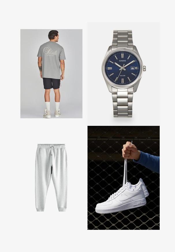Graues Baumwoll-T-Shirt mit großem cremefarbenem Logo auf dem Rücken, kombiniert mit schwarzen Shorts. Das Model trägt weiße Socken und beige Turnschuhe.; Graue Jogginghosen mit einem Kordelzugbund, zwei Seitentaschen und schmal zulaufenden Knöcheln, aus weichem, strukturiertem Stoff.; Weiße Leder-Sneaker mit Perforationen, runder Zehenpartie, flacher Sohle und dicken Schnürsenkeln, mit sichtbar eingesticktem Swoosh-Logo und "AIR" an der Ferse.; Silberner Armbanduhr aus Edelstahl mit einem dunkelblauen Zifferblatt, metallischen Stundenmarkierungen und einem Datumsfenster bei 3 Uhr. Wasserdicht bis 50 Meter.