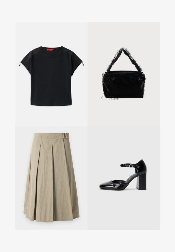 Zwarte cropped t-shirt met ronde hals. Gemaakt van zacht materiaal met satijnen panelen op de schouders en een trekkoorddetail bij de mouwen.; Beige plissé rok met een zachte textuur, voorzien van een riemlus en een A-lijn vorm, ontworpen met een knielange snit.; Zwarte lakleren hoge hakken met een vierkante neus, enkelbandje en een chunky hak. Inclusief geperforeerde details langs de rand.; Zwarte nep leren handtas met een gestructureerde afwerking, voorzien van een bewerkte zilveren accent langs de bovenste handgreep en een schouderband van kettingen.