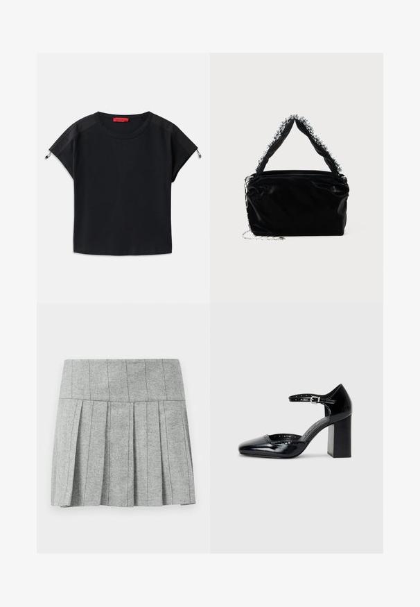 Fekete, rövid fazonú póló kerek nyakkal. Puha anyagból készült, vállán selyem panelokkal és zsinóros részletekkel az ujjaknál.; Szürke plisszírozott szoknya heringcsont mintájú anyagból; struktúrált derékpánttal rendelkezik, és egyenes vonalú alja van.; Fekete patent bőr, magas sarkú cipők négyzetes orral, bokapánttal és vastag sarkal. A szélén lyukacsos díszítéssel.; Fekete műbőr kézitáska texturált felülettel, amelyen gyöngyökkel díszített ezüstszínű kiegészítő található a felső fogantyún, valamint láncos pánt.