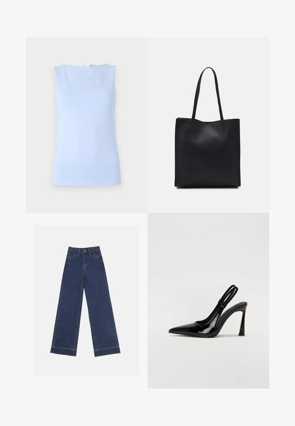 Top sin mangas de color azul claro con un escote cuadrado, hecho de una tela suave, que presenta un diseño ajustado y una silueta minimalista.; Jeans de pierna ancha en denim azul oscuro. Presenta cinco bolsillos, trabillas para cinturón y un dobladillo sin acabados en la parte inferior con detalles de costura visibles.; Zapato de tacón con tirante en negro de charol, punta afilada, tacón alto y delgado, y doble tira elástica para un ajuste seguro. Superficie suave y brillante.; Bolso tote de cuero negro con textura lisa, forma rectangular y dos asas largas. Sin herrajes ni adornos visibles.