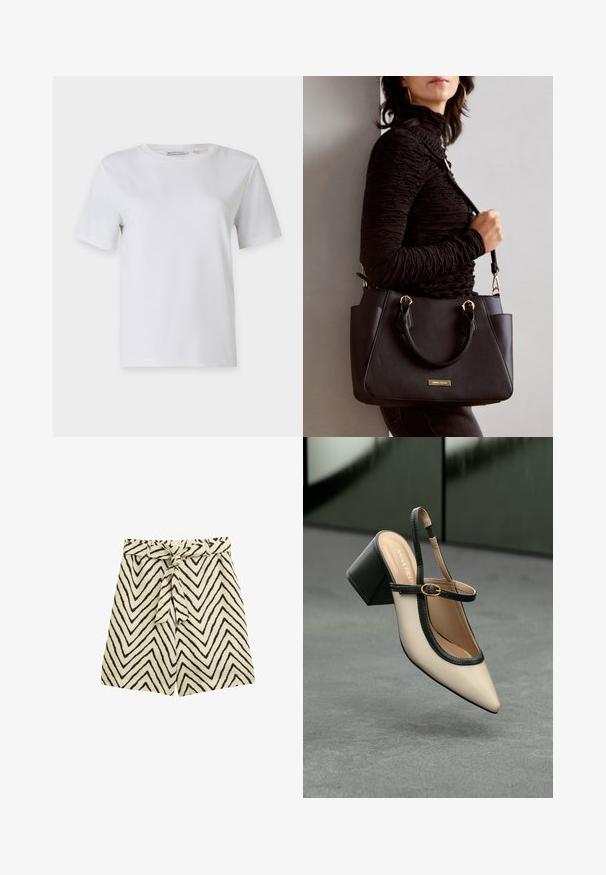 Tricou alb cu mâneci scurte, confecționat din bumbac neted. Are un gât rotund și o margine dreaptă, fără modele sau embellismente.; Shorts ușori dintr-un material bej cu modele zigzag negre. Prezintă un cordon în talie și o croială relaxată.; Pantof bej cu toc înalt, cu bareta în spate, vârf ascuțit, margini negre și detaliu cu cataramă. Material neted cu finisaj mat, toc bloc de înălțime medie.; Geantă de umăr neagră cu suprafață texturată, cu două mânere superioare și curea de umăr ajustabilă. Dispune de accesorii metalice de culoare aurie și buzunare laterale.