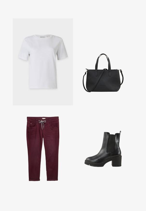 Witte t-shirt met korte mouwen van gladde katoen. Heeft een ronde halslijn en rechte zoom, zonder patronen of versieringen.; Bordeauxkleurige broek met een tailleband met touwtje, voorkruimels en opgerolde manchetten. Gemaakt van een zachte stof met een gladde textuur en subtiele naaddetails.; Zwarte leren enkelboot met elastische zijkanten, chunky textuur hak en een trekband. Rondneus en een kenmerkende ribbelzool.; Zwarte leren handtas met een gestructureerde afwerking, dubbele handvatten bovenaan en een verstelbare schouderband. Voorzien van een ritsluiting en minimale branding.