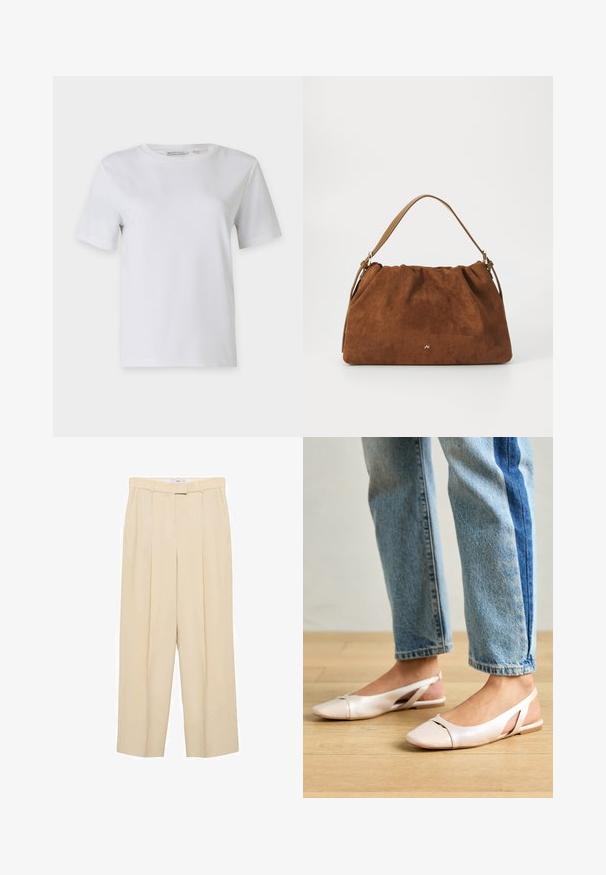Biela tričko s krátkym rukávom vyrobené z hladkej bavlny. Má okrúhly výstrih a rovný lem, bez akýchkoľvek vzorov alebo ozdôb.; Béžové nohavice s vysokým pásom a širokým strihom. Obsahujú predné skladby, bočné vrecká a hladkú textúru látky.; Svetloružové slingback baleríny s jemne špicatou špičkou, vyrobené z hladkého materiálu pripomínajúceho kožu. Majú výrezové detaily na stranách a plochý opätok.; Hnedá semišová kabelka s nariaseným dizajnom, s jedným koženým remienkom v svetlohnedej farbe a jemným zlatým logom na prednej strane.