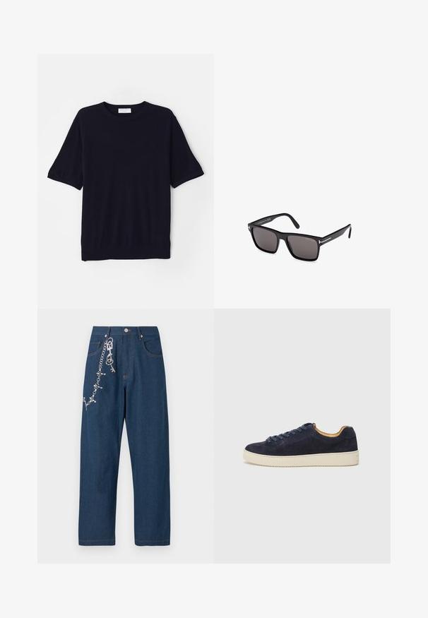 Camiseta de malha de manga curta azul marinho com decote redondo, textura suave e corte descontraído. Apresenta uma bainha e punhos de mangas canelados.; Calças largas de ganga azul-escura com uma corrente com strass anexada no lado esquerdo e costuras laranja visíveis nos bolsos e na bainha.; Sapatilha de camurça azul-marinho de cano baixo com biqueira arredondada, sola de borracha off-white e atacadores a condizer; apresenta um forro interior contrastante em tom de tan.; Óculos de sol retangulares pretos com lentes cinzentas de degradê. Montura de plástico preto com detalhes em metal prateado nas hastes. Design leve.