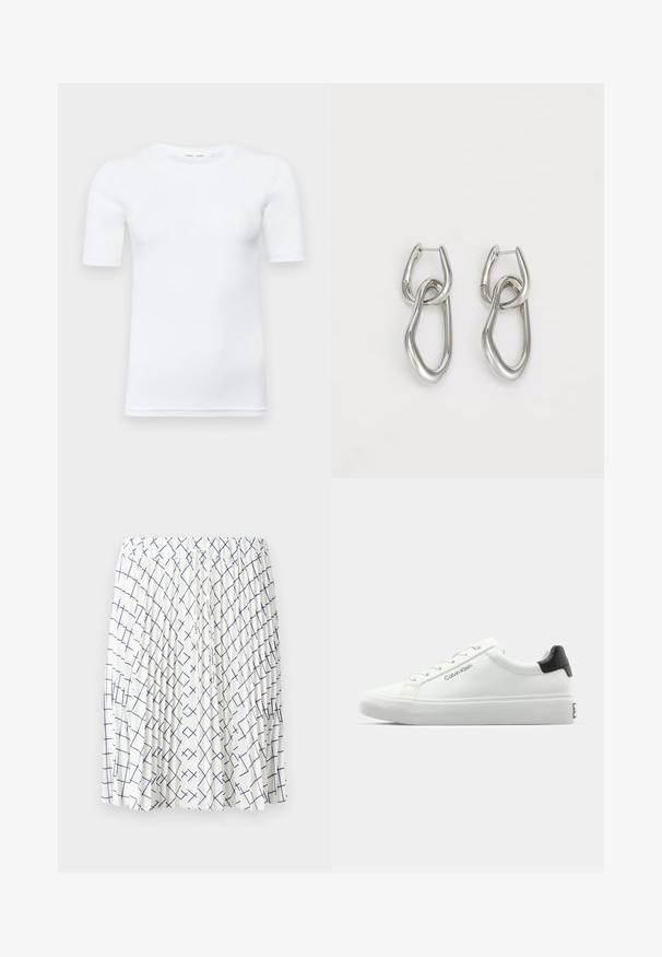 Fehér, rövid ujjú pamut póló. Kör alakú nyakkivágással és sima textúrával rendelkezik, a szegélyen minimális varrás látható.; Fehér szoknya redős kialakítással, melynek sötétkék geometrikus mintázata keresztbe futó vonalakból áll. Gumis derékpánt, húzózsinórral.; Fehér sneaker sima felülettel, fekete sarok akcentussal és fűzős dizájnnal. Oldalán "Calvin Klein" márkázás található. Minimalista stílus.; Calvin Klein STATEMENT LINKS - Fülbevalók - silver-coloured