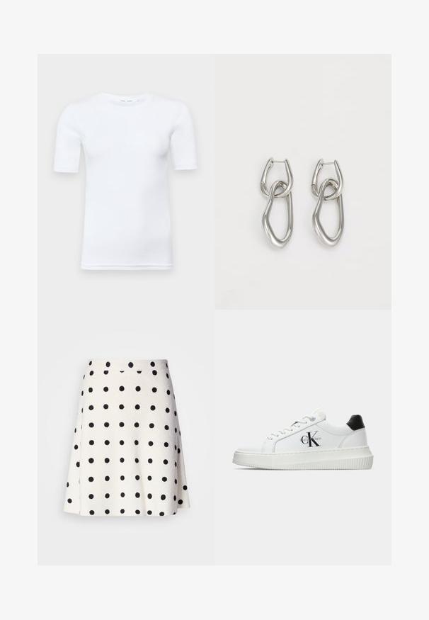 Biała koszulka z krótkim rękawem wykonana z bawełny. Posiada okrągły dekolt oraz gładką teksturę, z minimalnie widocznym ściegiem przy dolnym wykończeniu.; Marc Cain - Spódnica trapezowa; Białe sneakersy typu low-top z czarnym paskiem na pięcie, platformą, sznurowadłami i logo "CK" marki Calvin Klein na boku.; Calvin Klein - Kolczyki