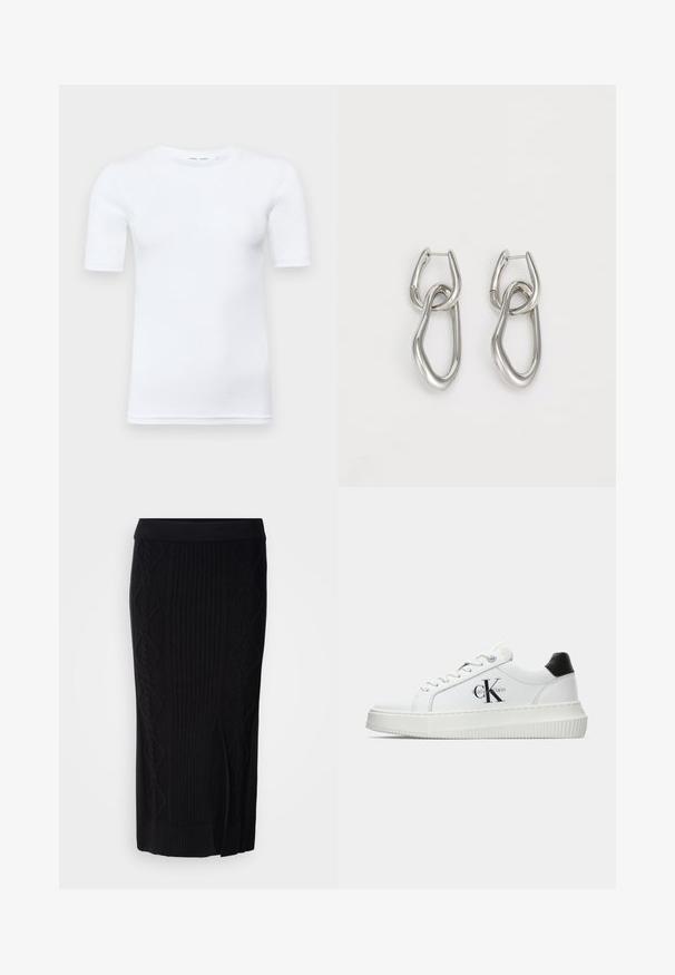 Vitt kortärmat t-shirt i bomull. Har rund halsringning och en mjuk yta, med minimal sömnad synlig vid fållen.; Svart stickad midikjol med ribbad textur och diamantmönster samt en sidoklyvning. Mjuk tyg med en åtsittande midja.; Vit lågtopp sneakers med svart hälflik, platåsål, snörning och Calvin Klein "CK" logotyp på sidan.; Calvin Klein STATEMENT LINKS - Örhänge - silver-coloured