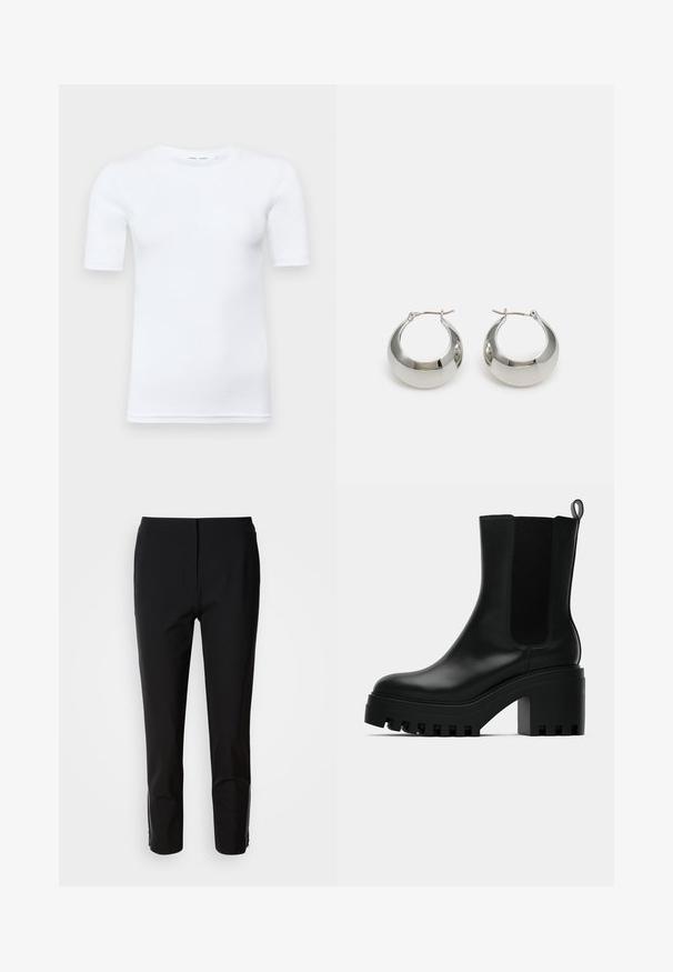 Bijela majica s kratkim rukavima od pamuka. Ima okrugli izrez i glatku teksturu, s minimalnim šavovima vidljivim na rubu.; Crne hlače ravnog kroja, izrađene od glatkog materijala. Imaju detalje sa zatvaračem na donjim stranama. Čist, minimalistički stil.; Crne kožne gležnjače s okruglim vrhom, debelim platformom i mrežastim bočnim detaljima. Imaju i uvučenu petlju za lakše obuvanje.; Srebrne metalne naušnice u obliku obruča s glatkom, sjajnom površinom i strukturiranim, zaobljenim dizajnom. Imaju šarkasti kopča za sigurno nošenje.