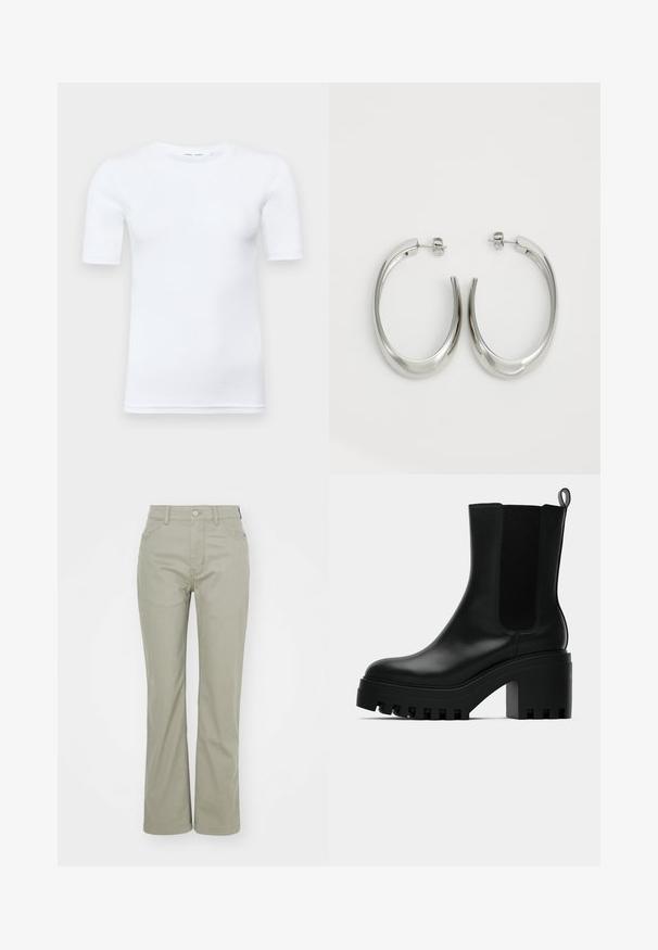 Balts īsām piedurknēm T-krekls, kas izgatavots no kokvilnas. Tam ir apaļš kakla izgriezums un gluda tekstūra, ar minimāliem vīlēm, kas redzamas pie apakšmalas.; Gaiši zaļas augsto vidukļu bikses ar taisna griezuma kājām. Iespējojot klasiskas kabatas un metāla pogu aizdari priekšpusē. Mīksts auduma faktūra.; Melna ādas potītes zābaks ar apaļu purngalu, masīvu platformas zoli un sietiņa sānu akcentiem. Iekļauts vilkšanas cilpiņa ērtai uzvilkšanai.; Sudraba riņķveida auskari ar gludu, izliekta dizaina formu. Iezīmējas ar spīdīgu metāla apdari un pievienojamu aizdari. Nav redzamu rakstu vai akcentu.
