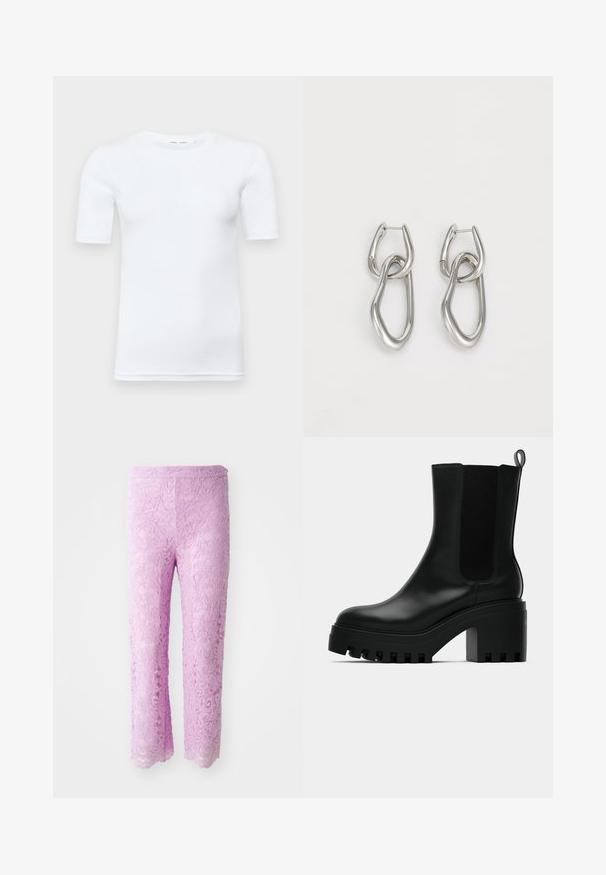Balts īsām piedurknēm T-krekls, kas izgatavots no kokvilnas. Tam ir apaļš kakla izgriezums un gluda tekstūra, ar minimāliem vīlēm, kas redzamas pie apakšmalas.; Rozā mežģīņu bikses ar viļņotu apakšmalu, kas rotātas ar sarežģītām ziedu struktūrām. Audums izskatās viegls un teksturēts, veidots pieguļoša silueta izveidei.; Melna ādas potītes zābaks ar apaļu purngalu, masīvu platformas zoli un sietiņa sānu akcentiem. Iekļauts vilkšanas cilpiņa ērtai uzvilkšanai.; Calvin Klein STATEMENT LINKS - Auskari - silver-coloured