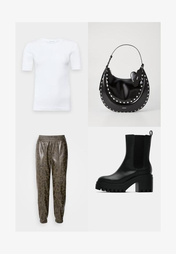 White short-sleeve t-shirt made of cotton. Features a round neckline and a smooth texture, with minimal stitching visible at the hem.; Olive green faux leather joggers with a leopard print pattern, featuring an elastic waistband and cuffed ankles, smooth texture, and pockets.; Black leather ankle boot with round toe, chunky platform sole, and mesh side accents. Features a pull tab for easy wear.; Black patent leather handbag with a curved shape, studded detailing around the opening, and a zip closure. Includes a detachable tag.