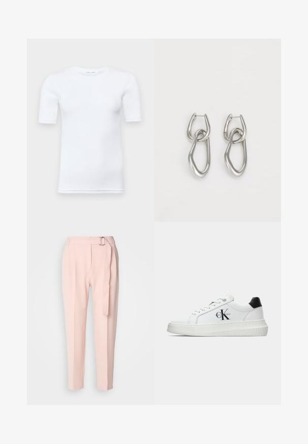 Biely krátky rukávový tričko vyrobené z bavlny. Má okrúhly výstrih a hladkú textúru, s minimálnym švom viditeľným na leme.; Svetloružové nohavice vo voľnom strihu, s opaskom so striebornou sponou, plochým predným dielom a prešitou záhybovou líniou pre zvýraznenie detailov.; Biele nízke tenisky s čiernym pätkovým dielom, platformovou podrážkou, šnúrkami a logom "CK" značky Calvin Klein na boku.; Calvin Klein STATEMENT LINKS - Náušnice - silver-coloured