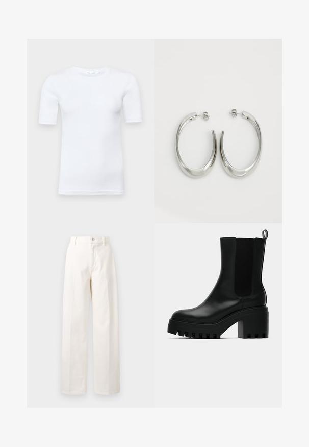 Valge lühikeste varrukatega T-särk, mis on valmistatud puuvillast. Omab ümmargust kaelust ja sileda tekstuuri, vähese nähtava õmblusega ääres.; Valged laiade jalgadega püksid, mis on valmistatud puuvillast, esise nupuga kinnitusega, vöökohaga ja sirge lõikega, ilma nähtavate mustriteta.; Mustad must jalatsid mustast nahast, ümmarguse varbaga, tükilisest platvormist ja võrgupoolsest aksendist. Omab tõmbeauku mugavaks jalga panemiseks.; Hõbe rõngas kõrvarõngad, millel on sujuv ja kõver kuju. Omab läikivat metallist viimistlust ja nupuga sulgemist. Pole nähtavaid mustreid ega aksessuaare.