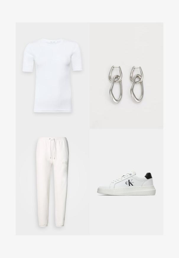 Balts īsām piedurknēm T-krekls, kas izgatavots no kokvilnas. Tam ir apaļš kakla izgriezums un gluda tekstūra, ar minimāliem vīlēm, kas redzamas pie apakšmalas.; Beli treniņbikses, izgatavotas no mīksta auduma, ar auklu jostasvietā un izšūtu logotipu uz kreisā augšstilba. Ar sašaurinātu kāju dizainu.; Baltā zema topa sporta apavas ar melnu papēža cilni, platformas zoli, auklēm un Calvin Klein "CK" logo sānos.; Calvin Klein STATEMENT LINKS - Auskari - silver-coloured