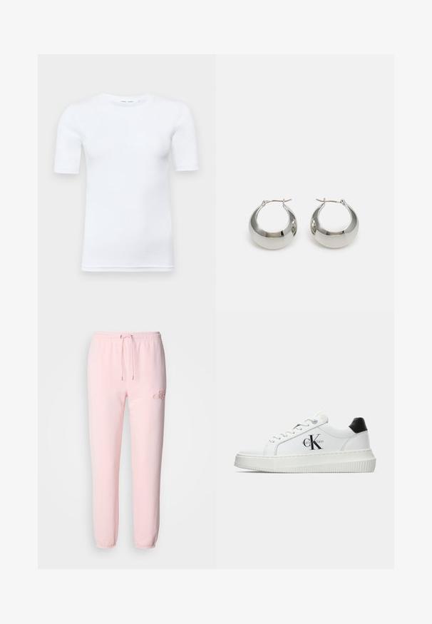 White short-sleeve t-shirt made of cotton. Features a round neckline and a smooth texture, with minimal stitching visible at the hem.; Light pink sweatpants made of soft fabric, featuring an elastic waistband with drawstring, tapered cuffs, and subtle embroidered logo detail.; White low-top sneaker with black heel tab, platform sole, laces, and Calvin Klein "CK" logo on the side.; Silver metal hoop earrings with a smooth, shiny surface and a structured, rounded design. Features a hinged clasp for secure wear.