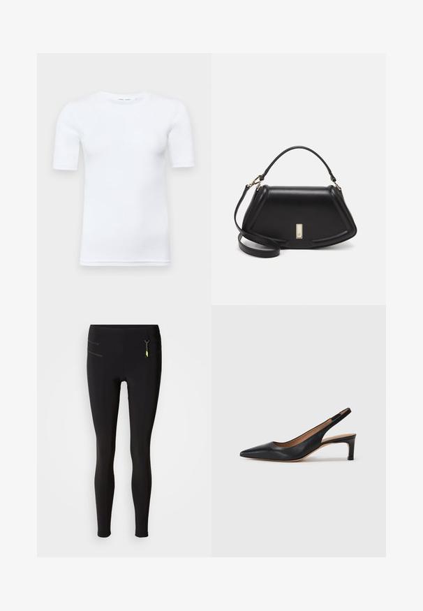White short-sleeve t-shirt made of cotton. Features a round neckline and a smooth texture, with minimal stitching visible at the hem.; Black leggings made of elastic material, featuring a high waist, zippered pockets with yellow accents, and a smooth texture.; Black leather slingback pump with a pointed toe, low heel, and a smooth texture. Features a thin adjustable strap for a secure fit.; Black leather handbag with a structured design, featuring a cropped shape, top handle, and gold hardware accent. Adjustable shoulder strap included.