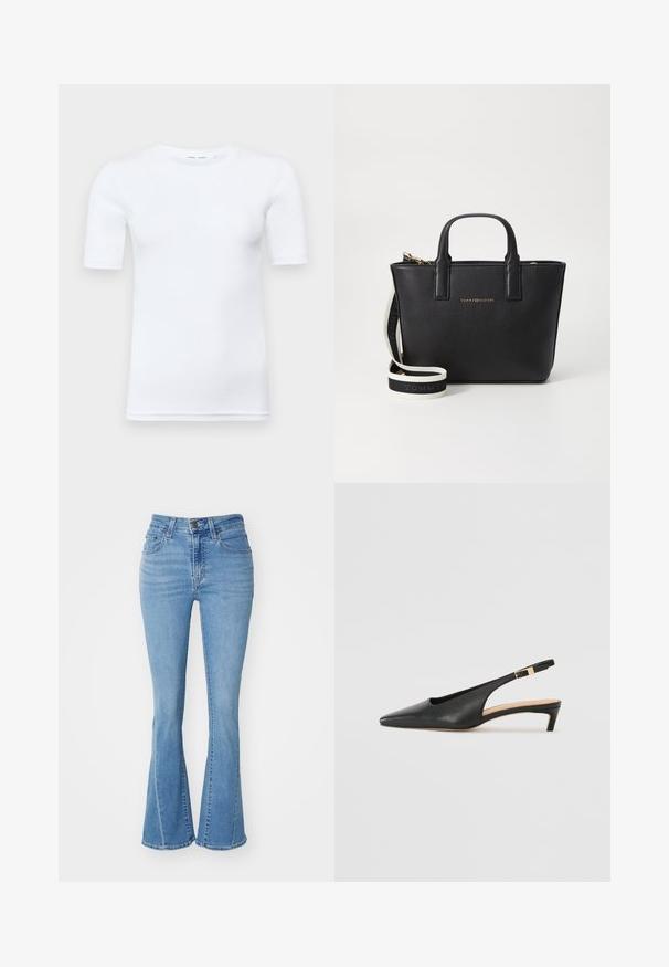 Valge lühikeste varrukatega T-särk, mis on valmistatud puuvillast. Omab ümmargust kaelust ja sileda tekstuuri, vähese nähtava õmblusega ääres.; Heledad helesinine flared teksad, mis on valmistatud denimist, kõrge vöökoht, viie taskuga disain ja fräänide äär all. On nähtav kulumise tekstuur.; Musta nahast slingback-kontsaga saabas, millel on terav nina, madal konts ja reguleeritav pahkluu rihm, millel on kullatooniline pandla. Sile tekstuur.; Mustast nahast käekott, millel on metallist kuldne logo. Kott on varustatud kahe ülemise käepidemega ning eemaldatava rihmaga, millel on must-valge bränding. Sile tekstuur.