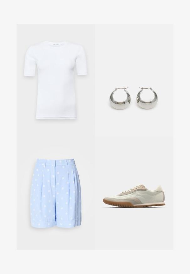 T-shirt bianco a maniche corte realizzato in cotone. Presenta un colletto rotondo e una texture liscia, con cuciture minime visibili all'orlo.; Pantaloni corti azzurri chiari realizzati in tessuto liscio, con pois bianchi, pieghe frontali e risvolti. Vita sagomata con passanti per cintura.; Sneaker bianco e beige con tomaia liscia e accenti in suede, suola textured e cuciture tono su tono. Chiusura a lacci con dettaglio del logo.; Orecchini a cerchio in metallo argentato con una superficie liscia e lucida e un design strutturato e arrotondato. Presentano una chiusura a cerniera per un indosso sicuro.