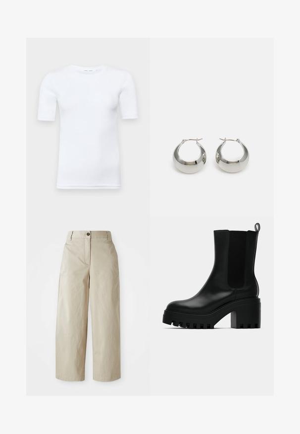 T-shirt bianco a maniche corte realizzato in cotone. Presenta un colletto rotondo e una texture liscia, con cuciture minime visibili all'orlo.; Pantaloni beige a vita alta, a gamba larga, con chiusura a bottone e zip, passanti per cintura e tasche laterali, presentati su uno sfondo bianco.; Stivaletto in pelle nera con punta rotonda, suola a piattaforma spessa e dettagli in rete sui lati. Presenta un manico per indossarlo facilmente.; Orecchini a cerchio in metallo argentato con una superficie liscia e lucida e un design strutturato e arrotondato. Presentano una chiusura a cerniera per un indosso sicuro.