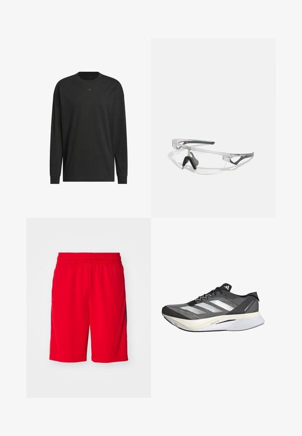 Camiseta de manga larga negra, hecha de algodón suave, con cuello redondo, corte relajado y pequeño detalle del logo en el pecho.; adidas Performance 3 STRIPES SHORT - Pantalón corto de deporte - better scarlet/aurora black; Zapatilla deportiva en blanco y negro con parte superior de malla, presenta tres franjas blancas, una suela prominente etiquetada como "LIGHTSTRIKE PRO" y un diseño aerodinámico.; Gafas de seguridad transparentes con un marco ligero y acentos grises. Presentan un diseño envolvente y una almohadilla nasal ajustable.