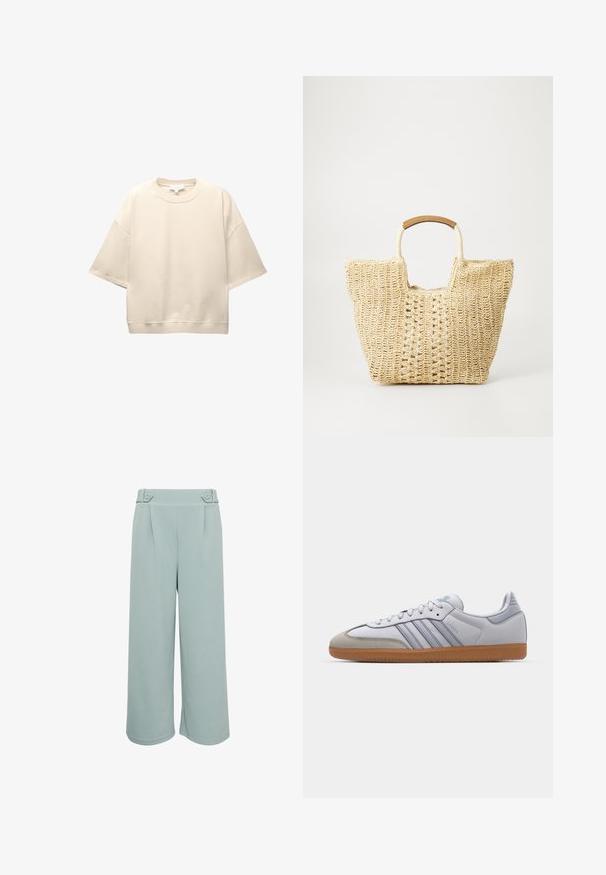 Crème oversized t-shirt, gemaakt van zacht katoen. Heeft een ronde halslijn, korte gevallen mouwen en een loose fit. Minimalistisch ontwerp.; Lichtblauwe wijde broek met een zachte textuur, voorzien van twee voorplooien en decoratieve knoopaccenten op de tailleband.; Witte leren sneakers met lichtblauwe accenten, grijs suède neus en een bruine rubberen zool. Voorzien van drie blauwe strepen en "Samba"-branding.; Geweven stro tas in een natuurlijke beige kleur, met een gestructureerd oppervlak, een open bovenkant en korte, gebogen handvatten van bruin leer.