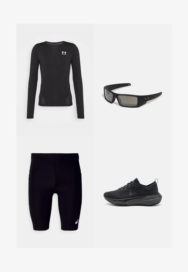 Black long-sleeve athletic shirt made from smooth, lightweight fabric. Features a fitted design and mesh side panels. Under Armour logo on chest.; Black athletic shorts made of stretchy material, featuring a tight fit, knee-length design, and a small white logo on the lower side.; Black running shoe with a textured knit upper, flat laces, and a thick cushioned sole. Features a loop at the heel for easy wear.; Black sunglasses with a matte finish, rectangular lenses, slight curve on temples, subtle logo detail, and smoke-tinted lenses.