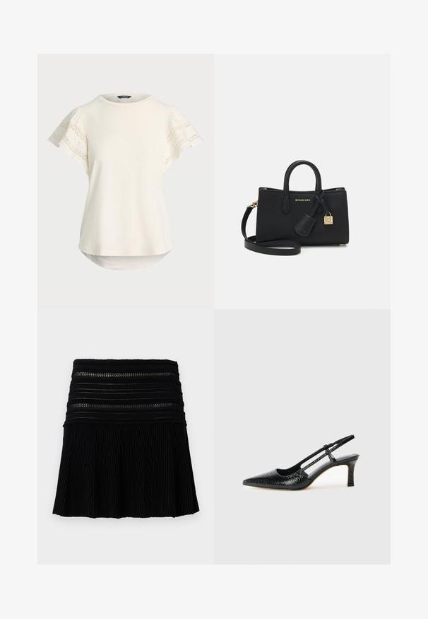 Lys kremfarget kortermet topp med blonderdetaljer på ermene, rund hals og en svakt buet søm for en avslappet passform. Myk stofftekstur.; Svart plisserte skjørt med en teksturert ribbestruktur. Har horisontale bånddetaljer i midjen med utskjærte detaljer. Kort lengde.; Sorte patent slingback hæl med spids tå, featuring tekstureret slangeskind, justerbar rem og en kort, tekstureret blokhæl.; Svart lær veske med en strukturert design, topphåndtak og et avtakbart skulderrem. Har gullfarget hardware og et logoanheng.