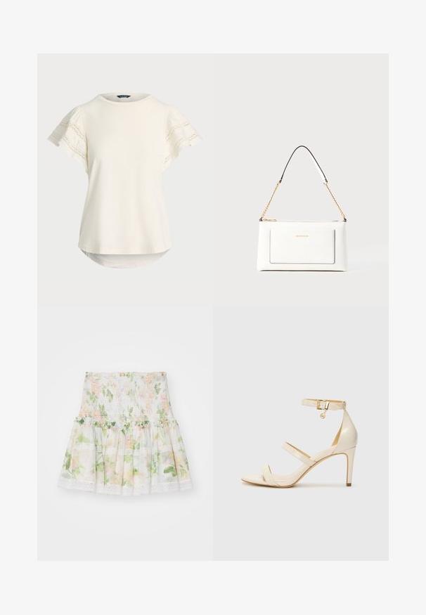 Lys creme kortærmet top med blonde detaljer på ærmerne, rund halsudskæring og en let buet kant for en afslappet pasform. Blød stoftekstur.; Blomstermønstret nederdel lavet af letvægtsstof. Har en smocked talje, bølget kant og blonde detaljer. Farverne inkluderer pink, grøn og hvid.; Beige høje hæle sandaler med tynd ankelrem og to øvre remme. Glanset lakfinish og guld hardware detalje på ankelremmen.; Hvid lædertaske med tekstureret overflade, med en guldkædetras og sorte detaljer. Indeholder en frontlomme og lynlås lukning.
