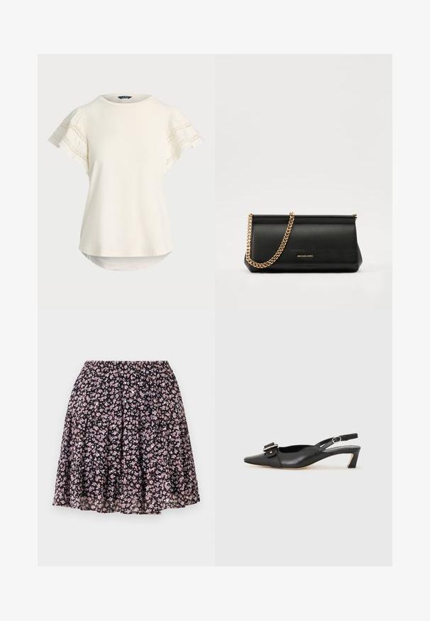Top scurt cu mânecă scurtă, de culoare crem deschis, cu detalii din dantelă pe mâneci, decolteu rotund și un tiv ușor curbat pentru o croială lejeră. Textură moale a țesăturii.; Fustă florală cu un fundal negru, decorată cu flori mici roz. Bază elastică, design în straturi și material ușor.; Pantofii negri din piele cu toc mic, vârf ascuțit și detaliu decorativ cu cataramă pe partea superioară. Textură netedă, design minimal.; Plică din piele neagră cu o curea din lanț auriu, având o textură netedă, formă rectangulară și o marcă embosată pe față.