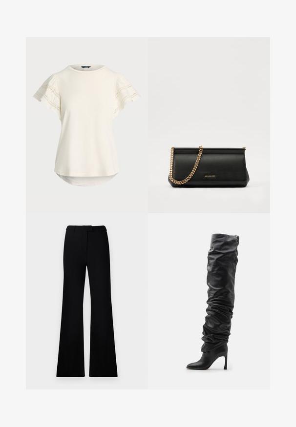 Svetlý krémový top s krátkym rukávom a čipkovými detailmi na rukávoch, s okrúhlym výstrihom a mierne zakriveným lemom pre voľný strih. Mäkká textúra tkaniny.; Čierne rozšírené nohavice s hladkou textúrou, prispôsobeným pásom a prednými vreckami, navrhnuté s elegantnou, modernou siluetou.; Čierna kožená vysoká čižma s voľným dizajnom, špicatou špičkou a ihlovým podpätkom. Obsahuje jemnú textúru a zhromaždené detaily.; Čierna kožená kabelka s retiazkou zo zlata, so hladkou textúrou, obdĺžnikovým tvarom a embosovaným logom na prednej strane.