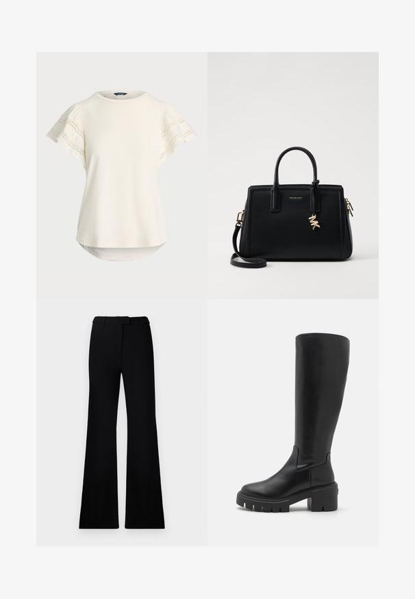 Helles Cremefarbenes Kurzarmoberteil mit Spitze an den Ärmeln, rundem Halsausschnitt und leicht gebogenem Saum für eine entspannte Passform. Weicher Stoff.; Schwarze ausgestellte Hose mit einer glatten Textur, tailliertem Bund und Fronttaschen, entworfen mit einer eleganten, modernen Silhouette.; Knöchelhohe schwarze Lederstiefel mit glatter Textur, schwerer Plattformsohle und quadratischem Zehen-design. Minimalistischer Stil ohne sichtbare Akzente.; Schwarze Ledertasche mit strukturiertem Design, doppelten oberen Griffen, abnehmbarem Schulterriemen, goldfarbenen Beschlägen und einem Logo-Anhänger.