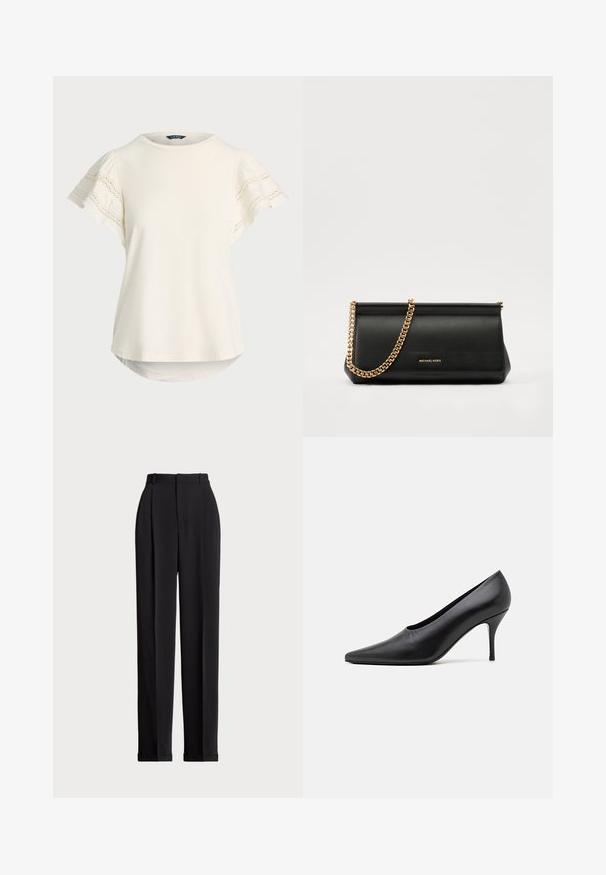 Šviesiai kreminė trumpomis rankovėmis palaidinė su nėriniu rankovėse, apvaliu iškirpimu ir šiek tiek lenktu apdailu, kad būtų užtikrintas laisvas prigludimas. Minkšta audinio tekstūra.; Juodos pritaikytos kelnės su aukštu liemeniu, su klostėmis priekyje, tiesaus kirpimo ir užlenktais kraštais. Pagamintos iš lygaus audinio.; GIABORGHINI HARMONIA - Klasikiniai aukštakulniai - black; Juodas odinis delninukas su auksine grandine, turintis lygų paviršių, stačiakampį išmatavimą ir įspaustą prekės ženklą priekyje.