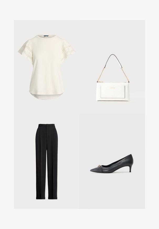 Šviesiai kreminė trumpomis rankovėmis palaidinė su nėriniu rankovėse, apvaliu iškirpimu ir šiek tiek lenktu apdailu, kad būtų užtikrintas laisvas prigludimas. Minkšta audinio tekstūra.; Juodos pritaikytos kelnės su aukštu liemeniu, su klostėmis priekyje, tiesaus kirpimo ir užlenktais kraštais. Pagamintos iš lygaus audinio.; Juodos odinės šlepetės su smailiu nosiu ir žemu kulnu, kurių priekį puošia tekstūruota juostelė ir metalinė detalė. Lygi paviršius ir elegantiškas dizainas.; Balta odinė rankinė su tekstūruotu paviršiumi, turinti auksinį grandinėlės dirželį ir juodas detales. Įskaičiuota priekinė kišenė ir užtrauktuko uždarymas.