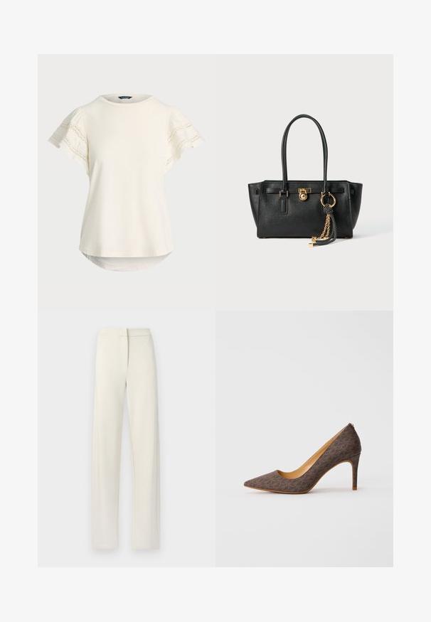 Light cream short-sleeve top with lace detail on sleeves, round neckline, and a slightly curved hem for a relaxed fit. Soft fabric texture.; Cream-colored, wide-leg trousers made of soft fabric, featuring a flat front, side pockets, and stitched detailing along the seams.; Brown patterned high-heeled pump with pointed toe and slim stiletto heel on white background.; Black leather handbag with double handles, gold lock and chain detail, and black-and-white tassel accessory against white background.