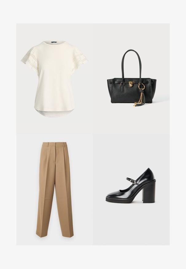 Šviesiai kreminė trumpomis rankovėmis palaidinė su nėriniu rankovėse, apvaliu iškirpimu ir šiek tiek lenktu apdailu, kad būtų užtikrintas laisvas prigludimas. Minkšta audinio tekstūra.; Bežinės pritaikytos kelnės su aukštu liemeniu, raukšlėtu priekiu ir plačiomis kojomis. Audinys atrodo lygus, su nedideliu blizgesiu.; Juodas lakuotas aukštakulnis batelis su apvaliu noseliu, kulkšnių dirželiu, sidabriniu užsegimu ir masyviu blokuotu kulnu.; Juoda odinė rankinė su dviem rankenomis, auksiniu užraktu ir grandinėlės detale, bei juodai baltu kutu prieš baltą foną.