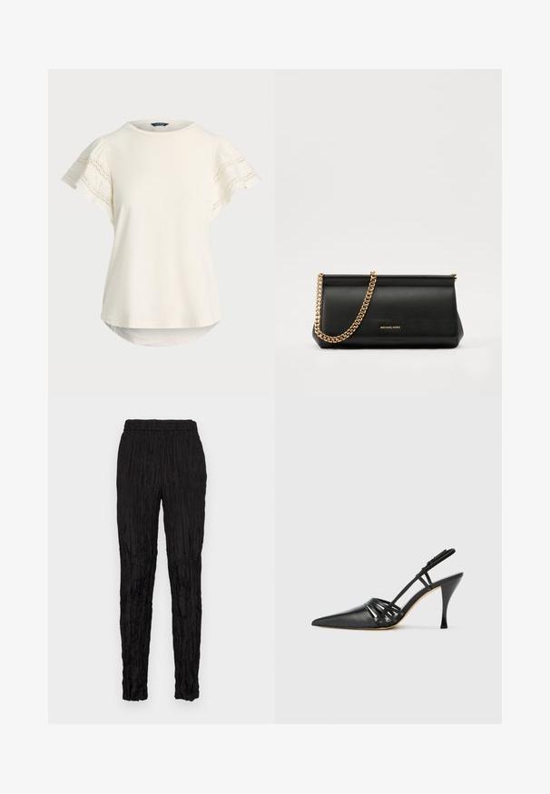 Svetlo kremna majica s kratkimi rokavi in čipkastimi detajli na rokavih, okroglim izrezom in rahlo zaobljenim robom za sproščen kroj. Mehka tekstura tkanine.; Črne hlače z zmršeno teksturo, elastičnim pasom in ožjim krojem. Brez vidnih žepov ali značilnih poudarkov.; Črne usnjene visokoodporne čevlje s peto in koničastim prstom, zasnovo križnega traku in vitko stileto peto. Gladka tekstura in minimalni poudarki.; Črna usnjena torbica z zlatim verižnim trakom, z gladko teksturo, pravokotno obliko in embosiranim logotipom spredaj.