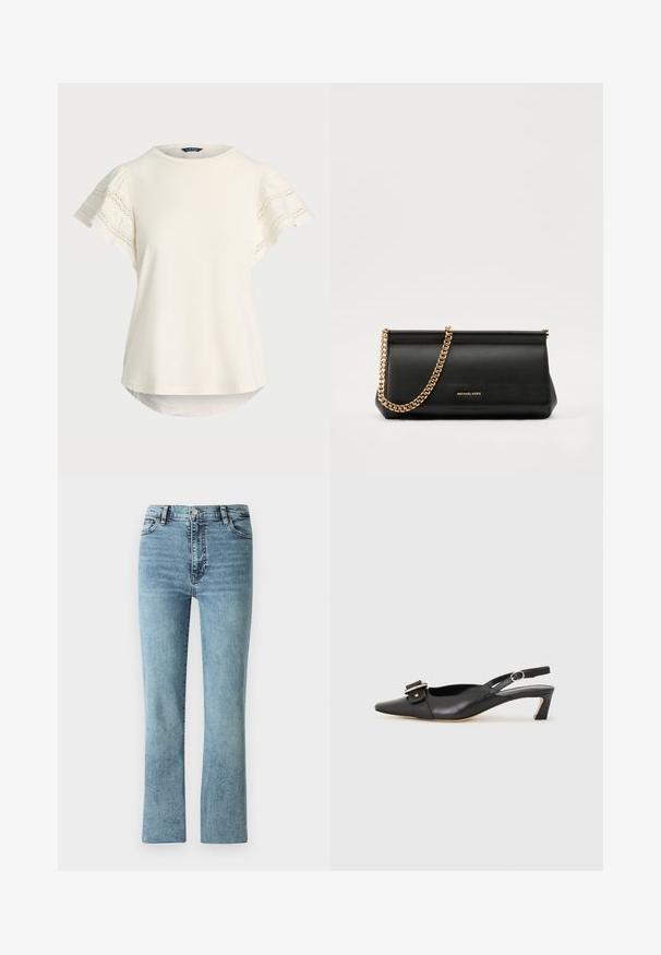Ανοιχτό κρεμ μπλουζάκι με κοντά μανίκια και δαντελένια λεπτομέρεια στα μανίκια, στρογγυλή λαιμόκοψη και ελαφρώς καμπύλη ασυμμετρία για άνετη εφαρμογή. Απαλή υφή υφάσματος.; Ανοιχτό μπλε τζιν παντελόνι με σχέδιο ίσιας γραμμής, ψηλή μέση και διακριτική φθορά. Διαθέτει κλασική πεντάτσεπη εφαρμογή και μεταλλικά αξεσουάρ.; Μαύρο δερμάτινο παπούτσι slingback με μυτερή μύτη, μικρό τακούνι και διακοσμητική αγκράφα στο πάνω μέρος. Σmooth υφή, μινιμαλιστικός σχεδιασμός.; Μαύρη δερμάτινη τσάντα πορτοφολιού με χρυσή αλυσίδα, που διαθέτει λεία υφή, ορθογώνιο σχήμα και ανάγλυφο λογότυπο στο μπροστινό μέρος.