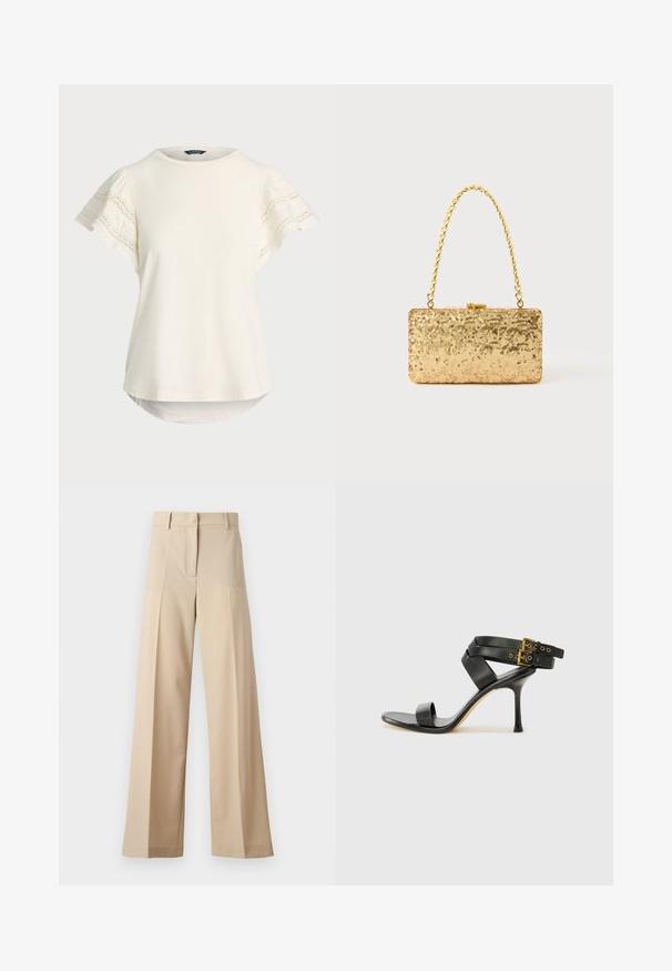 Camiseta de manga curta em creme claro com detalhe em renda nas mangas, decote redondo e uma bainha ligeiramente curvada para um ajuste descontraído. Textura de tecido suave.; Calças largas bege feitas de tecido suave, com frente plana com pregas, fecho de correr e passantes para cinto. Ajuste entalhado no geral.; Sandal preto de salto alto com tiras cruzadas e fivela ajustável. Apresenta uma textura suave e um salto agulha afilado.; Clutch dourada em lantejoulas com formato retangular, apresentando uma alça de corrente torcida e um fecho de metal, refletindo a luz com um acabamento texturizado.