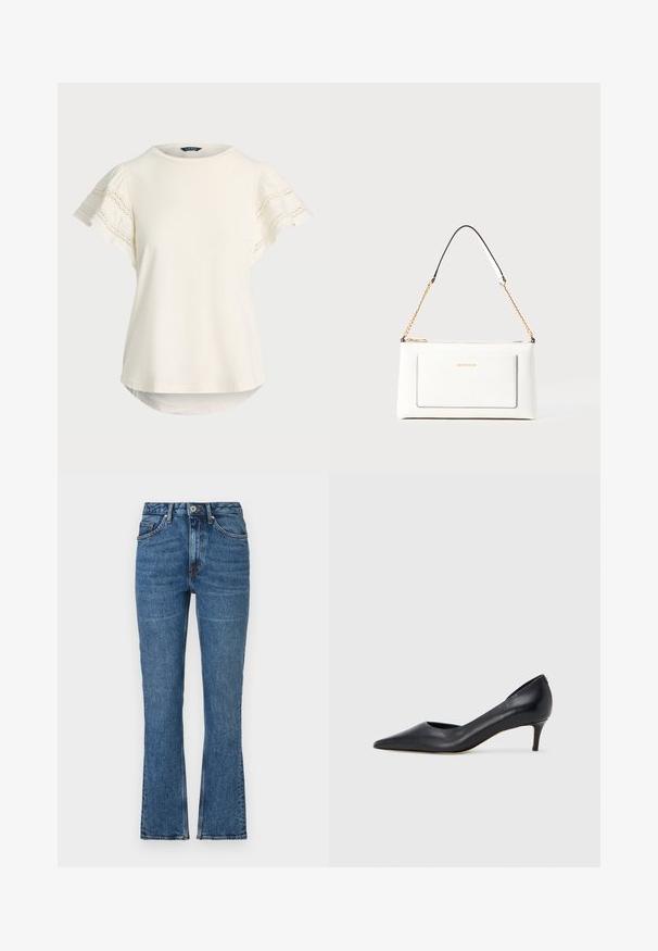 Svetlo kremna majica s kratkimi rokavi in čipkastimi detajli na rokavih, okroglim izrezom in rahlo zaobljenim robom za sproščen kroj. Mehka tekstura tkanine.; Modre flared kavbojke z visokim pasom, petimi žepi in subtilnim bledenjem. Šivanje v kontrastni barvi ob šivih.; Črni usnjeni čevelj s koničastim prstom in nizkim tihim peto. Ima gladko teksturo in subtilen lesk. Spredaj odprt izrez za dodaten detajl.; Bela usnjena torbica z teksturirano površino, ki vključuje zlat pas in črne detajle. Ima sprednji žep in zadrgo.