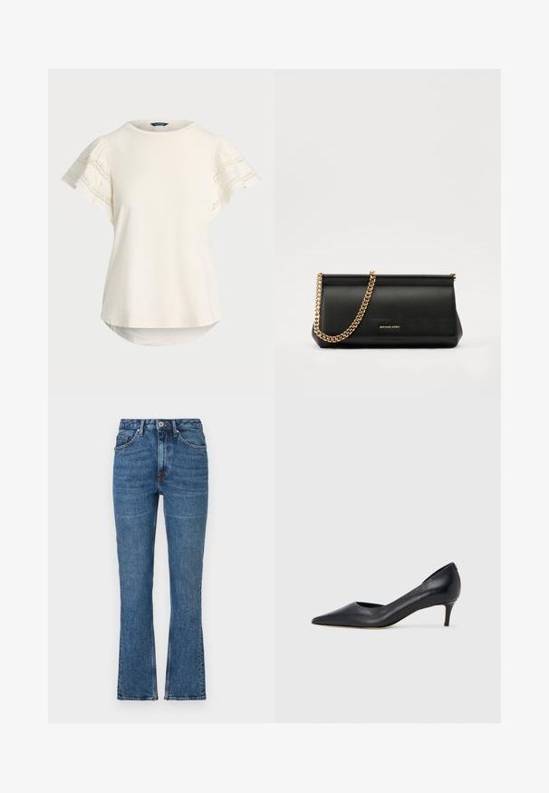 Világoskrém színű, rövid ujjú felső, csipkés részletekkel az ujjakon, kerek dekoltázzsal és enyhén ívelt aljjal a laza illeszkedés érdekében. Puha szövet tapintás.; Kék farmerből készült, harangszárú nadrág, magas derékkal, öt zsebbel és enyhe kopással. Kontrasztos színű varrás a varratok mentén.; Fekete bőr magassarkú cipő hegyes orral és alacsony sarokkal. Sima felülettel és enyhe fényű kialakítással rendelkezik. Az elején nyitott részlet a fokozott díszítésért.; Fekete bőr kisméretű táska arany lánccal, sima felülettel, téglalap alakú, és dombornyomott márkázással az elején.