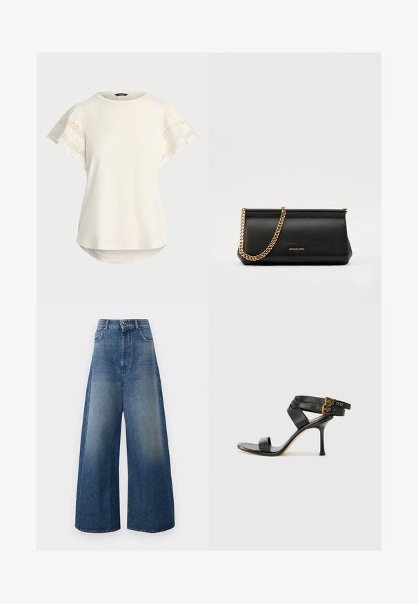 Gaiši krēmkrāsas īsām piedurknēm tops ar mežģīņu detaļām uz piedurknēm, apaļu kakla izgriezumu un nedaudz izliektu apakšmalu brīvai pieguvei. Mīksta auduma tekstūra.; Sportmax PROCIDA - Brīva piegriezuma džinsi - blu; Melna augsta papēža sāndele ar krustotiem siksniņām un regulējamu sprādzi. Iespēlēts gluds tekstūra un pakāpenisks stiletto papēdis.; Melns ādas apliecības soma ar zelta ķēdes siksnu, ar gludu tekstūru, taisnstūra formu un izspiestu zīmolu uz priekšpuses.